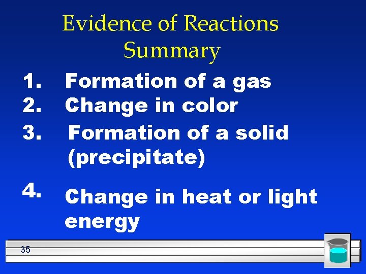 Evidence of Reactions Summary 1. 2. 3. Formation of a gas Change in color