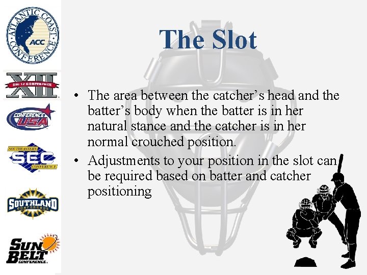 The Slot • The area between the catcher’s head and the batter’s body when