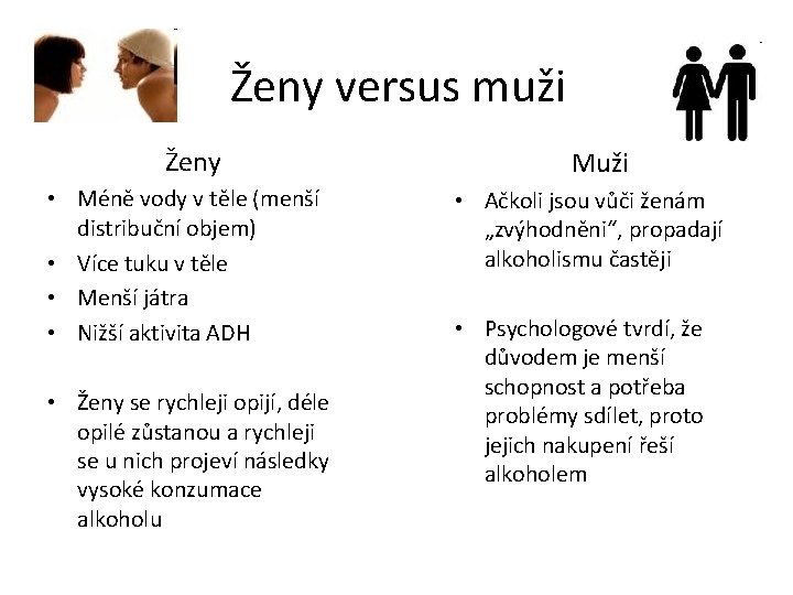 Ženy versus muži Ženy • Méně vody v těle (menší distribuční objem) • Více