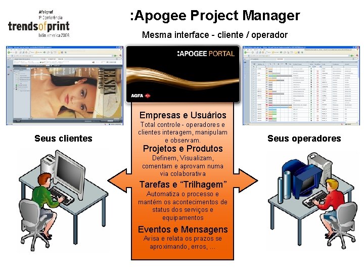 : Apogee Project Manager Mesma interface - cliente / operador Empresas e Usuários Seus : Apogee Project Manager Mesma interface - cliente / operador Empresas e Usuários Seus