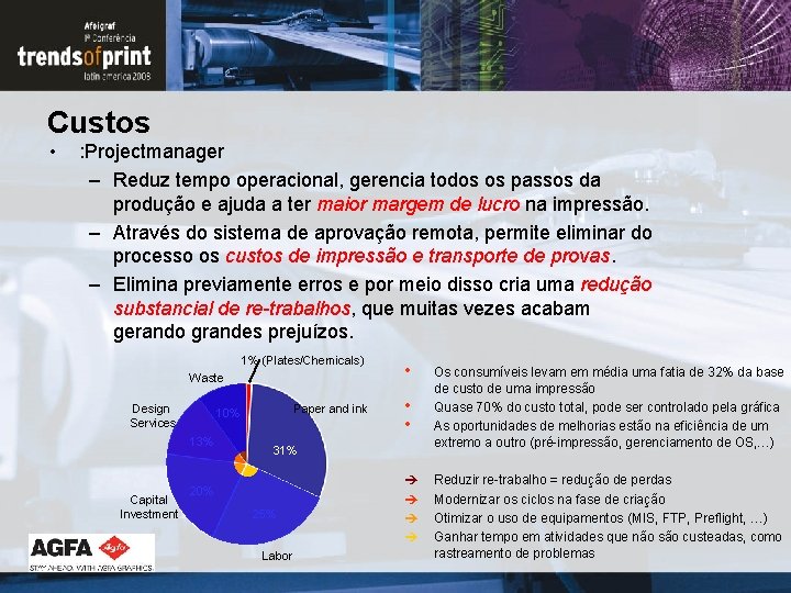 Custos • : Projectmanager – Reduz tempo operacional, gerencia todos os passos da produção