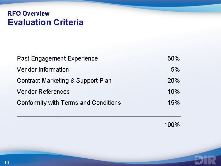 RFO Overview Evaluation Criteria Past Engagement Experience Vendor Information 50% 5% Contract Marketing & RFO Overview Evaluation Criteria Past Engagement Experience Vendor Information 50% 5% Contract Marketing &