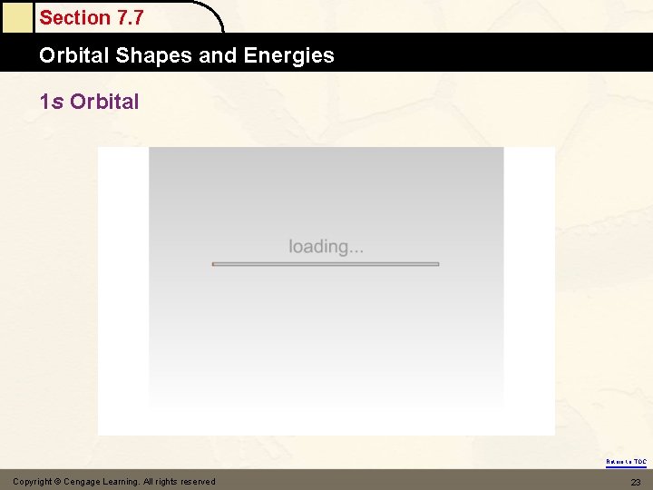 Section 7. 7 Orbital Shapes and Energies 1 s Orbital Return to TOC Copyright