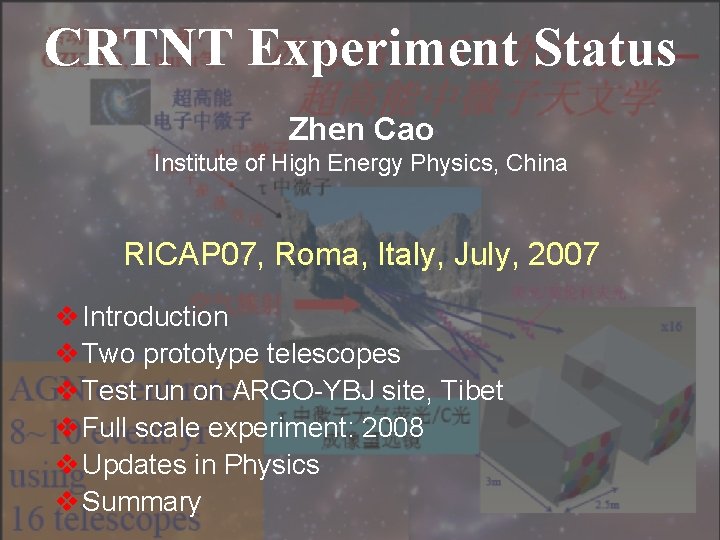CRTNT Experiment Status Zhen Cao Institute of High Energy Physics, China RICAP 07, Roma,