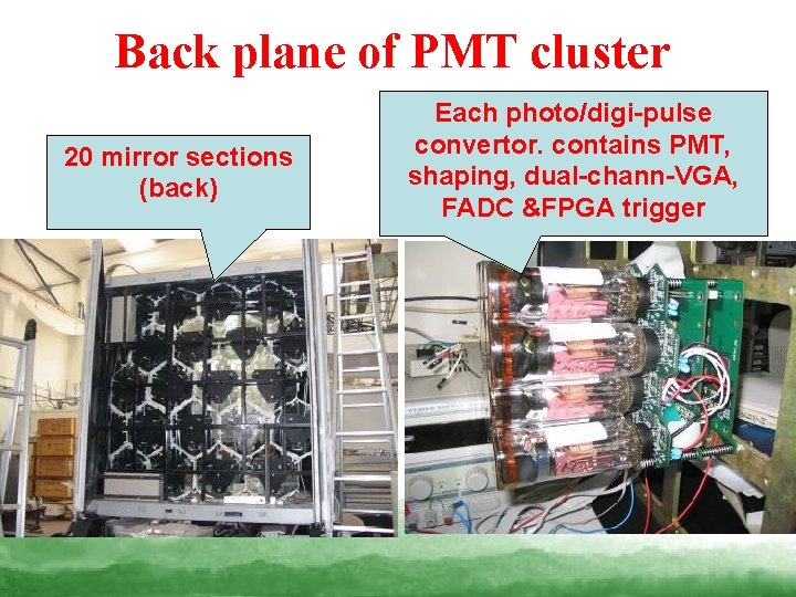 Back plane of PMT cluster 20 mirror sections (back) Each photo/digi-pulse convertor. contains PMT,