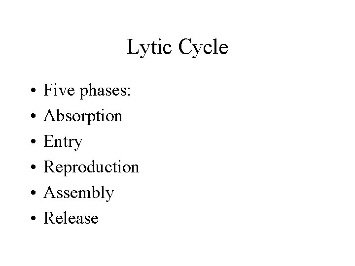 Lytic Cycle • • • Five phases: Absorption Entry Reproduction Assembly Release 