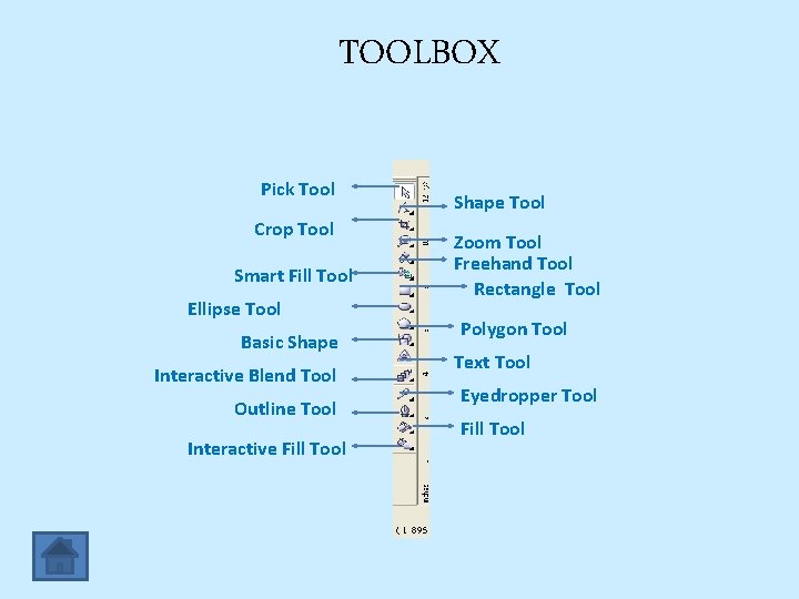 TOOLBOX Pick Tool Crop Tool Smart Fill Tool Ellipse Tool Basic Shape Interactive Blend