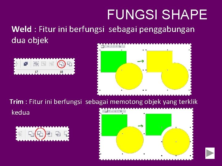 FUNGSI SHAPE Weld : Fitur ini berfungsi sebagai penggabungan dua objek Trim : Fitur FUNGSI SHAPE Weld : Fitur ini berfungsi sebagai penggabungan dua objek Trim : Fitur