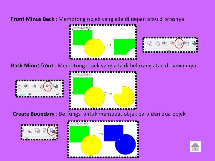 Front Minus Back : Memotong objek yang ada di depan atau di atasnya Back