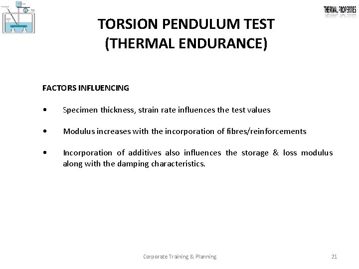 TORSION PENDULUM TEST (THERMAL ENDURANCE) FACTORS INFLUENCING • Specimen thickness, strain rate influences the