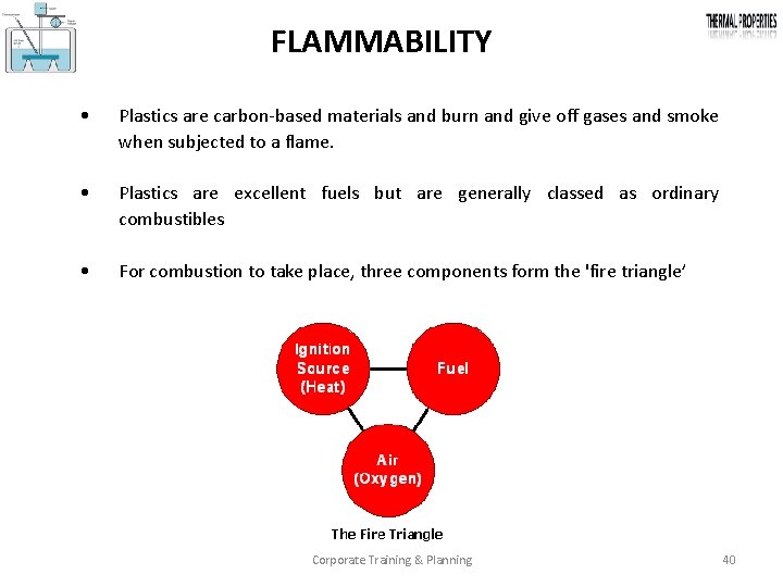 FLAMMABILITY • Plastics are carbon based materials and burn and give off gases and