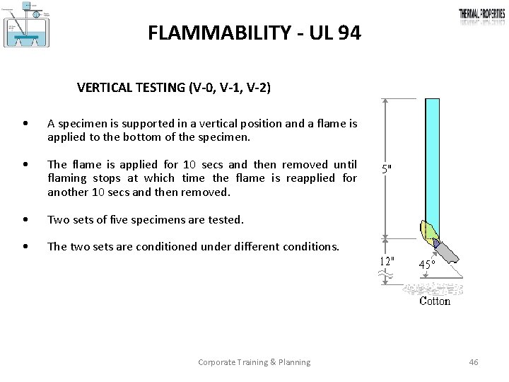 FLAMMABILITY - UL 94 VERTICAL TESTING (V-0, V-1, V-2) • A specimen is supported