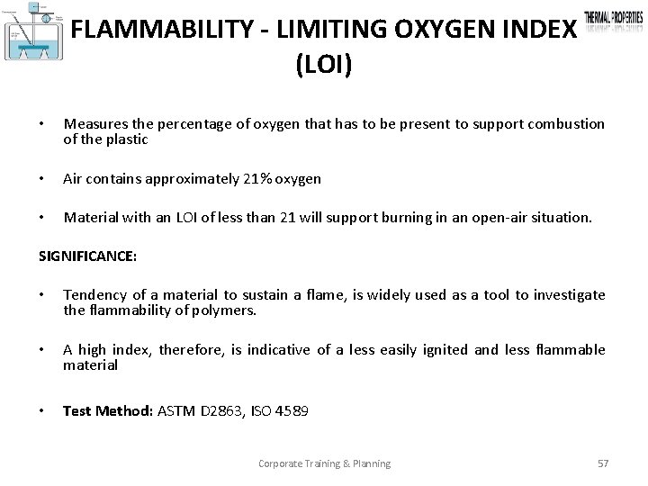 FLAMMABILITY - LIMITING OXYGEN INDEX (LOI) • Measures the percentage of oxygen that has