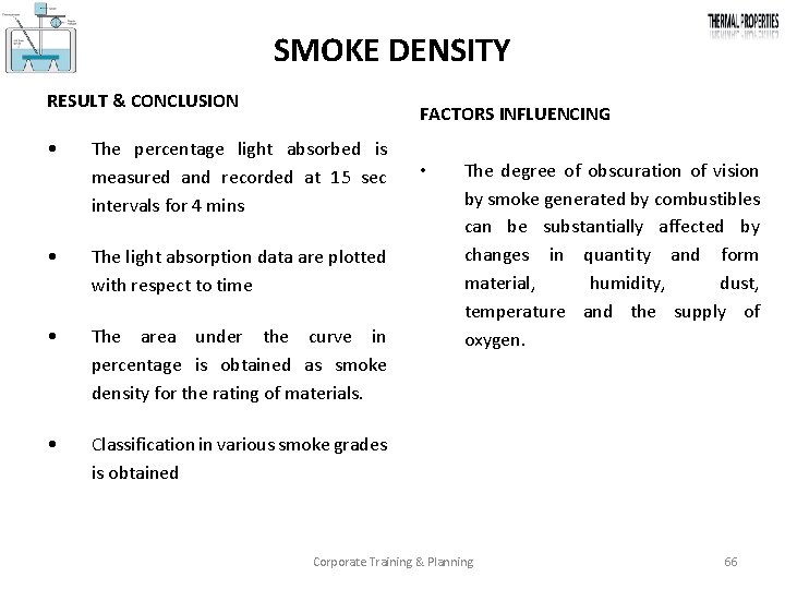 SMOKE DENSITY RESULT & CONCLUSION FACTORS INFLUENCING • The percentage light absorbed is measured