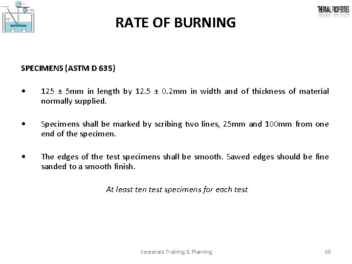 RATE OF BURNING SPECIMENS (ASTM D 635) • 125 ± 5 mm in length