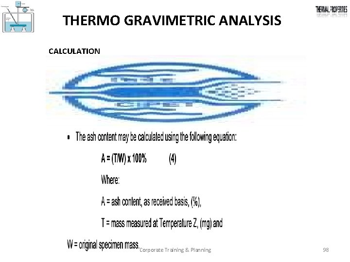 THERMO GRAVIMETRIC ANALYSIS CALCULATION Corporate Training & Planning 98 