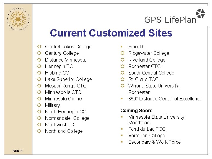 Current Customized Sites Slide 11 Central Lakes College Century College Distance Minnesota Hennepin TC Current Customized Sites Slide 11 Central Lakes College Century College Distance Minnesota Hennepin TC