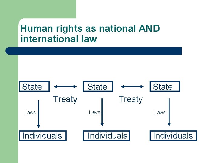 Human rights as national AND international law State Treaty Laws Individuals 
