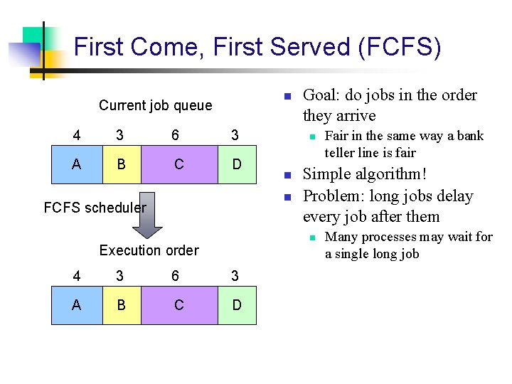 First Come, First Served (FCFS) n Current job queue 4 3 6 3 A