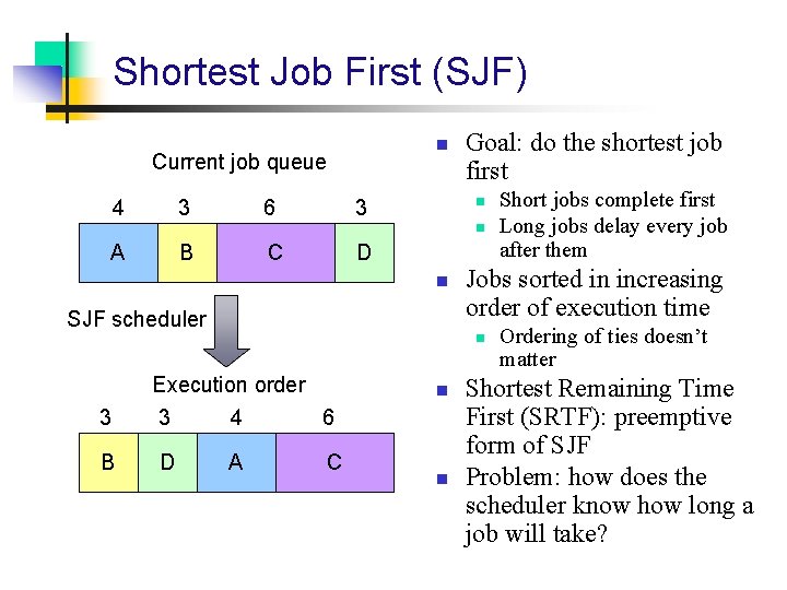 Shortest Job First (SJF) n Current job queue 4 3 6 Goal: do the