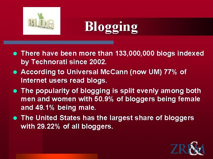Blogging There have been more than 133, 000 blogs indexed by Technorati since 2002.