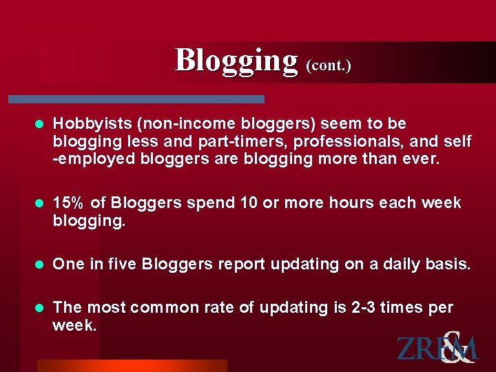Blogging (cont. ) l Hobbyists (non-income bloggers) seem to be blogging less and part-timers,