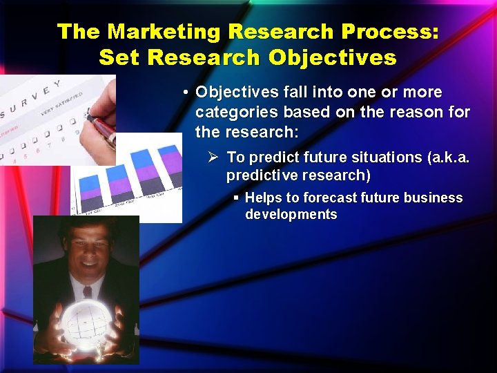 The Marketing Research Process: Set Research Objectives • Objectives fall into one or more