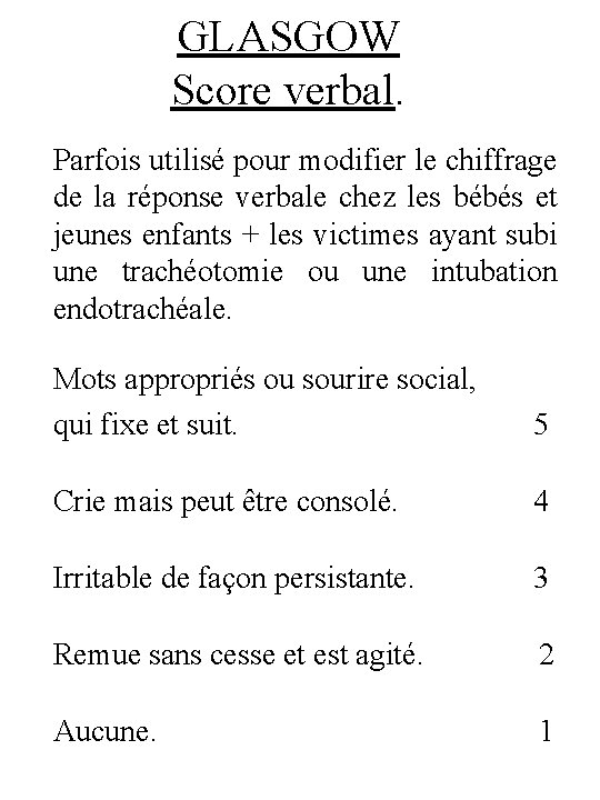 GLASGOW Score verbal. Parfois utilisé pour modifier le chiffrage de la réponse verbale chez