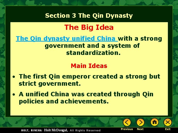 Section 3 The Qin Dynasty The Big Idea The Qin dynasty unified China with Section 3 The Qin Dynasty The Big Idea The Qin dynasty unified China with