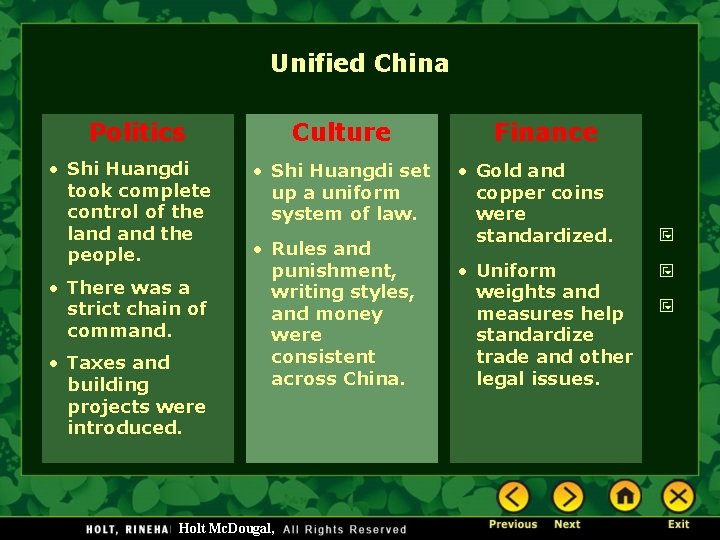 Unified China Politics • Shi Huangdi took complete control of the land the people. Unified China Politics • Shi Huangdi took complete control of the land the people.