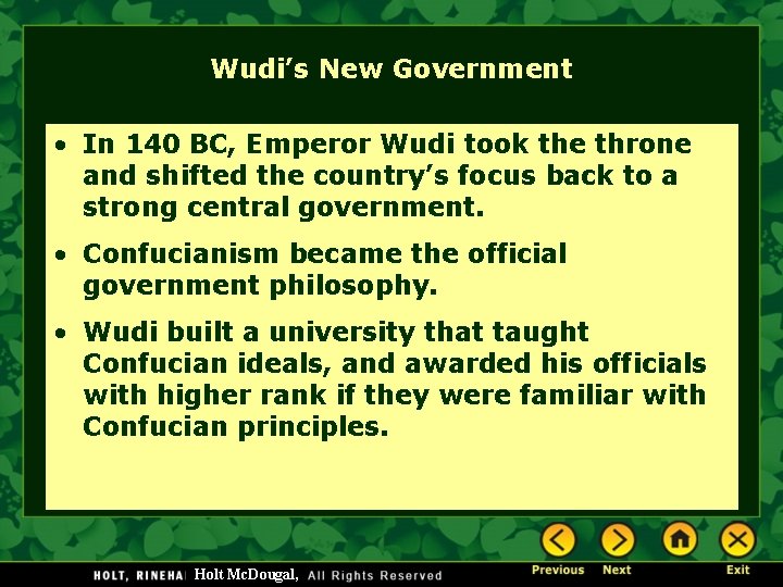 Wudi’s New Government • In 140 BC, Emperor Wudi took the throne and shifted Wudi’s New Government • In 140 BC, Emperor Wudi took the throne and shifted
