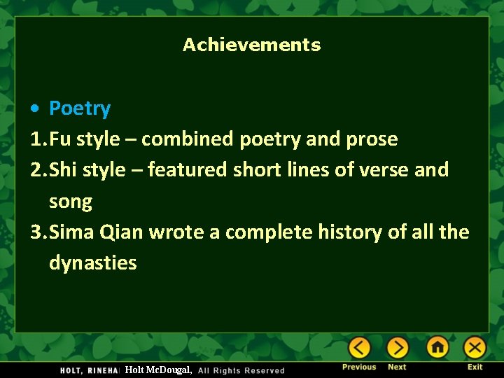 Achievements Poetry 1. Fu style – combined poetry and prose 2. Shi style – Achievements Poetry 1. Fu style – combined poetry and prose 2. Shi style –