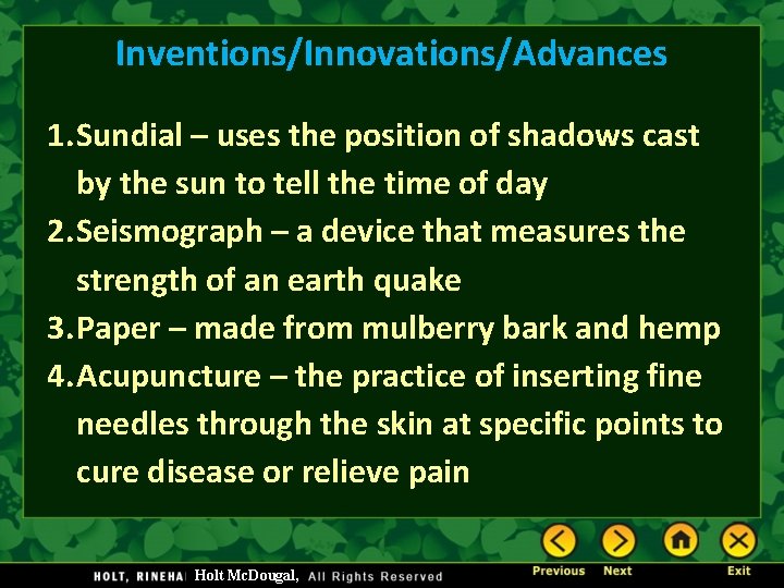 Inventions/Innovations/Advances 1. Sundial – uses the position of shadows cast by the sun to Inventions/Innovations/Advances 1. Sundial – uses the position of shadows cast by the sun to