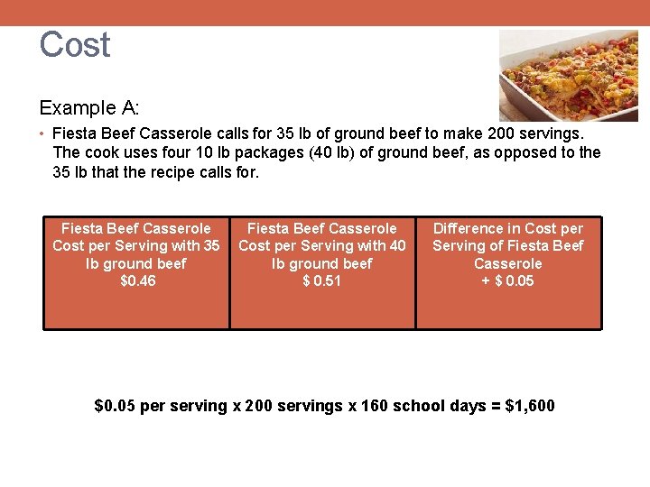 Cost Example A: • Fiesta Beef Casserole calls for 35 lb of ground beef