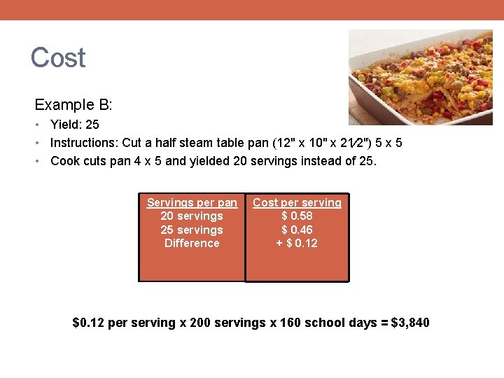 Cost Example B: • Yield: 25 • Instructions: Cut a half steam table pan