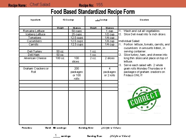 Chef Salad 155 Ingredients 50 Servings 1 Servings Weight Measure Romaine Lettuce Iceberg Lettuce