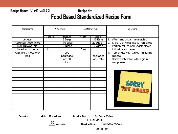 Chef Salad Ingredients 50 Servings 100 Servings Weight Measure Lettuce Assorted Vegetables Deli Turkey/Ham