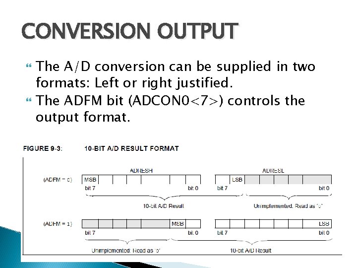 CONVERSION OUTPUT The A/D conversion can be supplied in two formats: Left or right