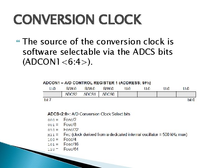 CONVERSION CLOCK The source of the conversion clock is software selectable via the ADCS