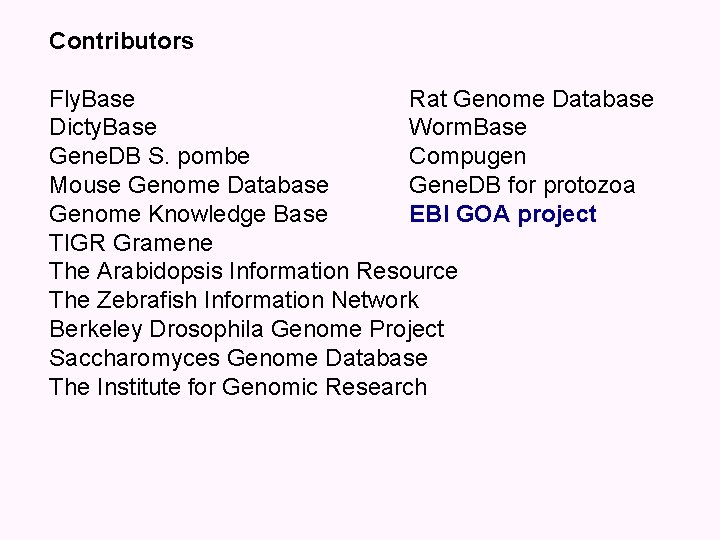 Contributors Fly. Base Rat Genome Database Dicty. Base Worm. Base Gene. DB S. pombe