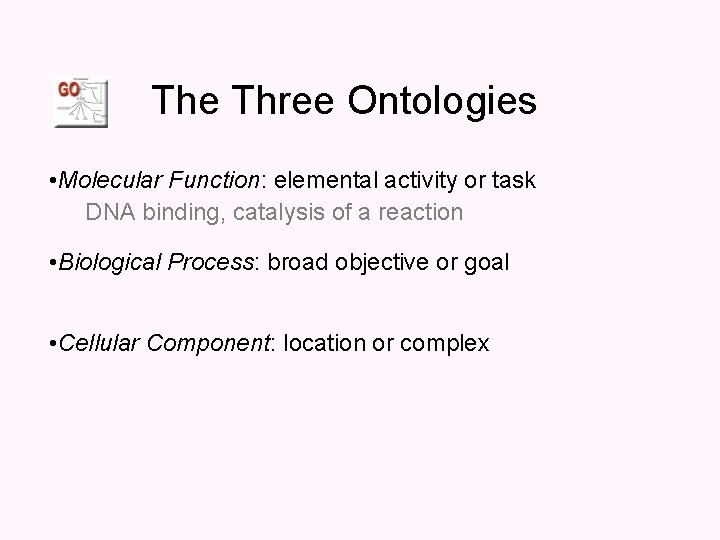 The Three Ontologies • Molecular Function: elemental activity or task DNA binding, catalysis of