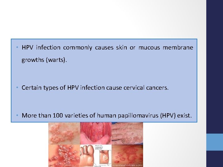  • HPV infection commonly causes skin or mucous membrane growths (warts). • Certain