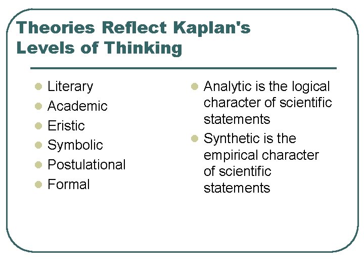 Theories Reflect Kaplan's Levels of Thinking l Literary l Analytic is the logical l