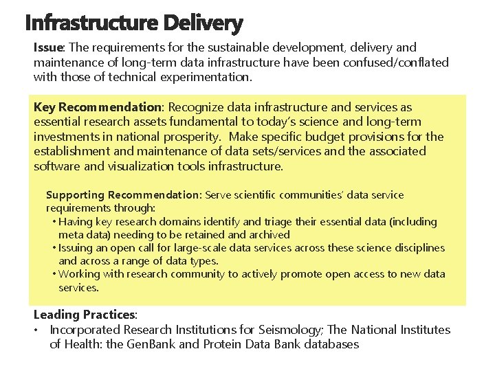 Issue: The requirements for the sustainable development, delivery and maintenance of long-term data infrastructure