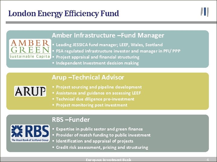 London Energy Efficiency Fund Amber Infrastructure –Fund Manager • • Leading JESSICA fund manager;
