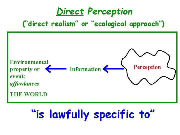 Direct Perception (“direct realism” or “ecological approach”) Environmental property or event: affordances Information Perception