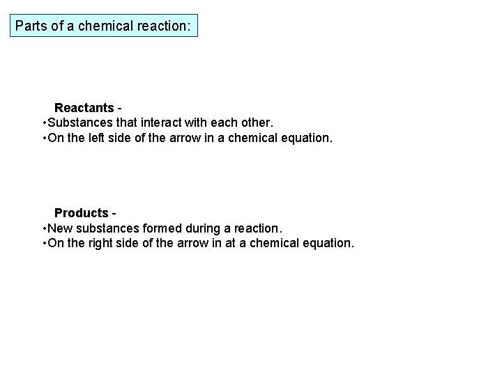 Parts of a chemical reaction: Reactants - • Substances that interact with each other.