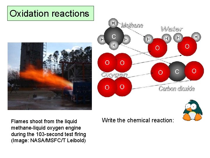 Oxidation reactions Flames shoot from the liquid methane-liquid oxygen engine during the 103 -second