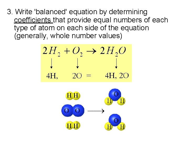 3. Write 'balanced' equation by determining coefficients that provide equal numbers of each type