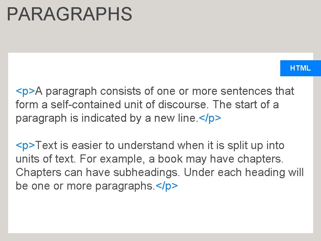 PARAGRAPHS HTML <p>A paragraph consists of one or more sentences that form a self-contained